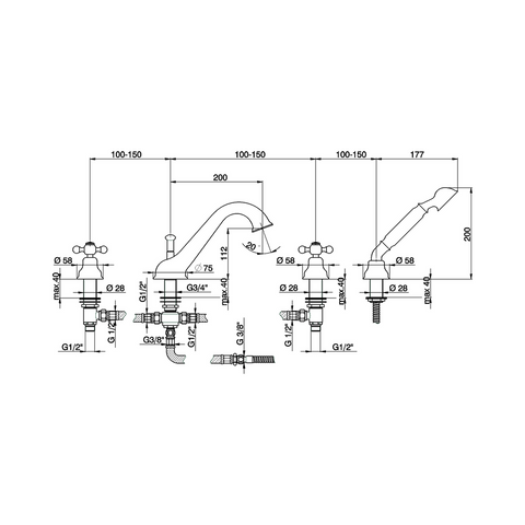 Cisal - Arcana - 4 Hole Duplex Jacuzzi Bath Mixer