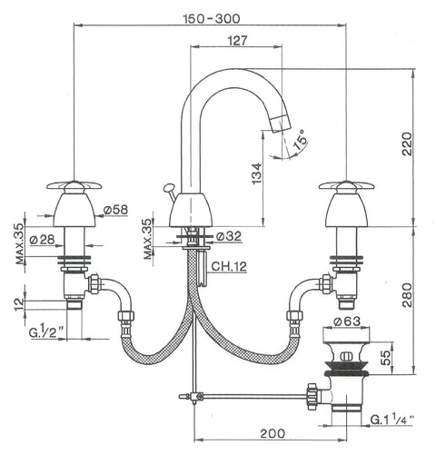 Cisal - Ginvera Ceramica - 3 Hole Duplex Basin Mixer with Spout